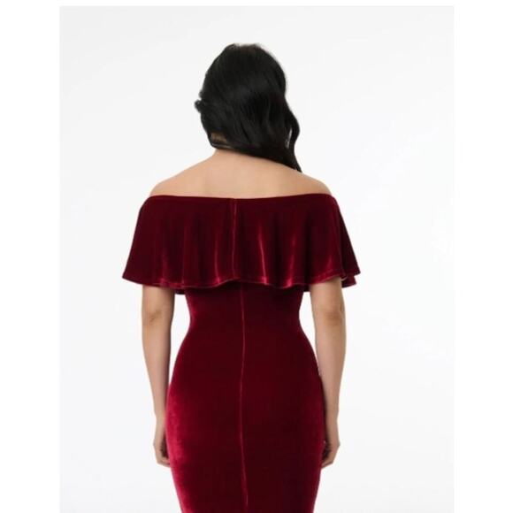 Unique Vintage Velvet Wiggle Dress off the Shoulder Burgundy 1950s Sz 4X #49 - Picture 4 of 10